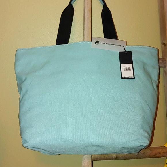 Karl Lagerfeld Paris Aqua / Pink / Blue Canvass Tote with Karl & Cat & F… - Picture 2 of 8